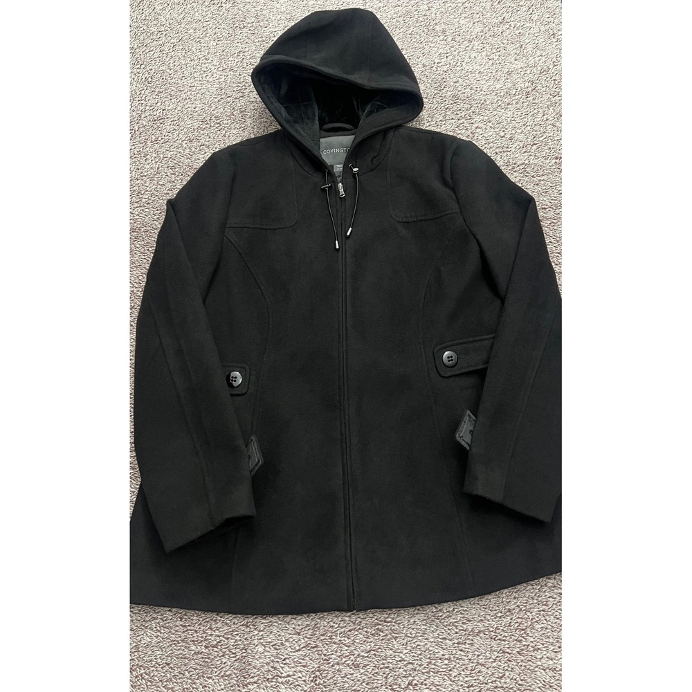 Covington Womens XL Black Hooded Faux Wool Coat Full Zip Lined Winter RN15099